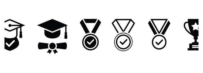 Celebrate academic achievements with these graduation caps, medals with checkmarks, and a trophy perfect for honoring students' dedication and success in school, college, or university