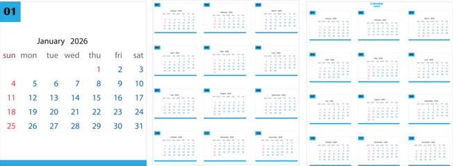 Professional calendar design for the year 2026 with vibrant color options