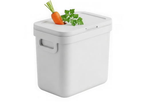 White kitchen compost bin a fresh carrot parsley sprig for organic waste, isolated on transparent background