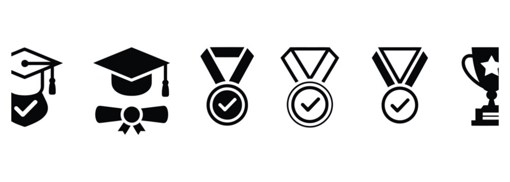 Celebrate academic achievements with these graduation caps, medals with checkmarks, and a trophy perfect for honoring students' dedication and success in school, college, or university