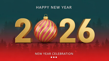Happy New Year 2026 Celebration with Festive Ornaments and a Winter Forest Backdrop