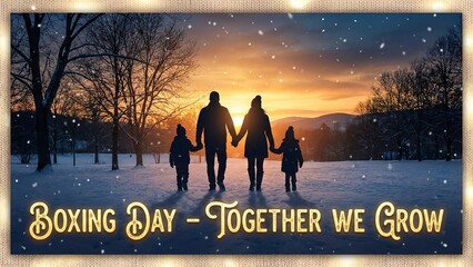 Family holding hands walks into a beautiful Boxing Day sunrise in the snow with the phrase "Together We Grow" in golden text