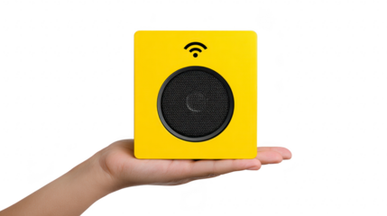 Yellow wireless speaker modern portable audio device held on open hand isolated on transparency background minimalist design compact technology music lifestyle cheerful mood
