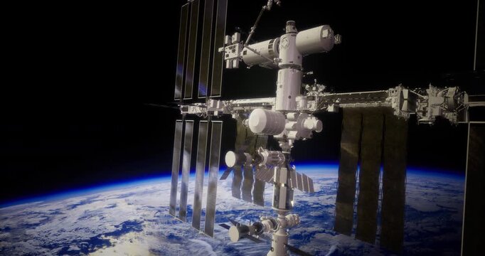The space station floats in the darkness of space, with Earth serving as a vibrant backdrop. Solar panels extend outward, catching sunlight as they enable vital research.