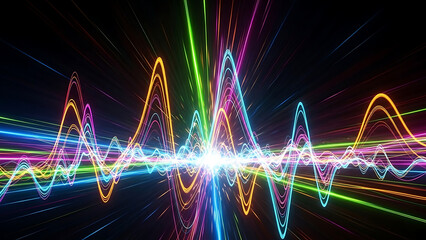 Vibrant abstract visualization of a digital audio waveform, showing a colorful sound spectrum with glowing neon light energy