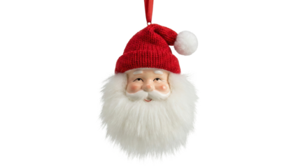 Festive Ornament: A close-up shot of a Santa Claus ornament hanging, with a red hat and fluffy white beard, embodying the holiday spirit.