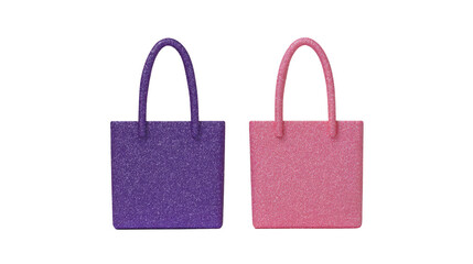 Purple glitter handbag, pink glitter handbag, both with square shape and top handles, isolated on transparent background, stylish and modern accessory for women, fashion and sparkle