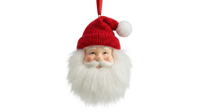 Festive Ornament: A close-up shot of a Santa Claus ornament hanging, with a red hat and fluffy white beard, embodying the holiday spirit. - Powered by Adobe