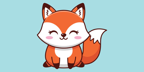 Cartoon fox sitting, orange fur, white tail tip, joyful expression, child-friendly animal art, flat vector illustration