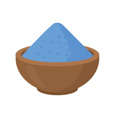 Blue matcha tea powder illustration vector flat design on white background. Japanese healthy blue  tea powder in bamboo bowl symbol for menu, banner, poster, web, emblem. Butterfly pea flower.