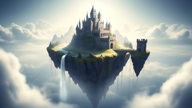 Fantasy castle on a floating island surrounded by clouds and a waterfall