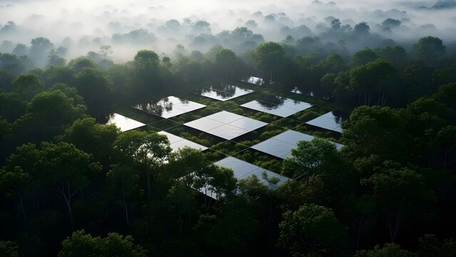 Lush forest canopy with reflective pools creates a surreal, modern landscape perfect for environmental campaigns and innovative business concepts with a futuristic vibe