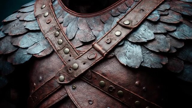 A detailed image of protective gear with layers of textured scales, secured by worn leather straps with metal studs. The warm tones are contrasted by cool bluish hues