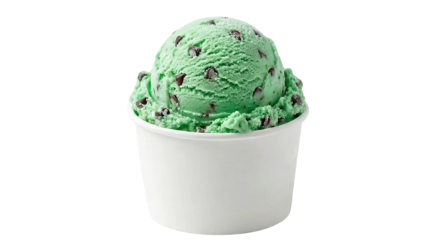 Mint Chocolate Chip Ice Cream: A refreshing scoop of vibrant mint chocolate chip ice cream, nestled in a pristine paper cup. A tempting treat for any occasion.