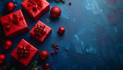 Festive Gifts: A visually appealing composition of red presents and decorative baubles against a textured blue backdrop, creating a festive atmosphere perfect for holiday themes.