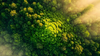 Naklejka premium Stunning aerial view of a vibrant green rainforest canopy bathed in golden sunlight, perfect for nature documentaries, conservation campaigns, or eco-tourism promotions