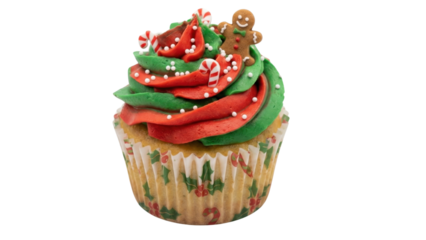 Festive Christmas Cupcake: A delightful Christmas cupcake, artfully decorated with vibrant red and green frosting, candy cane accents, and a charming gingerbread man, embodying holiday cheer.