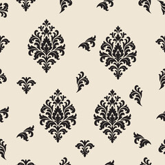 Elegant Black Ornate Damask Seamless Pattern on Light Background