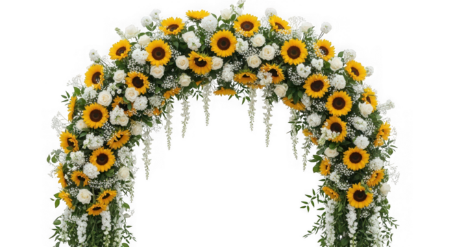 Beautiful floral archway adorned vibrant sunflowers delicate white flowers, isolated on transparent background