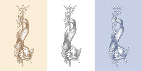 Fish creature vintage drawing. Sea monster with Trident Vector Illustration in Sepia, Black and White and Blue.