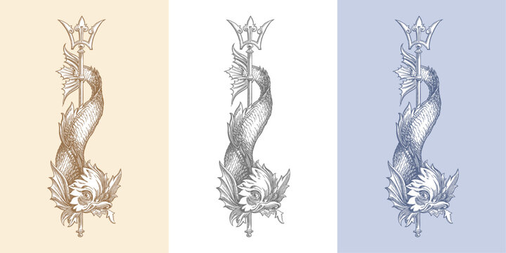 Fish creature vintage drawing. Sea monster with Trident Vector Illustration in Sepia, Black and White and Blue.