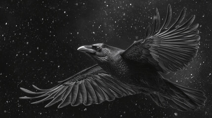 Obraz premium A majestic raven soaring through a starry night sky, its wings spread wide in graceful flight. The bird's dark plumage contrasts dramatically against the backdrop of the celestial expanse.