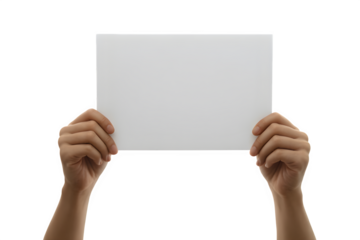 Hands holding a blank white rectangular sign or paper sheet isolated