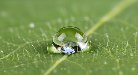 Single water droplet reflecting sky on green leaf surface