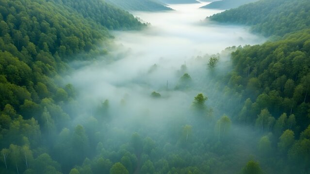 Breathtaking misty forest valley with vibrant green trees offers a peaceful escape, perfect for nature lovers and outdoor adventurers seeking serenity - Powered by Adobe