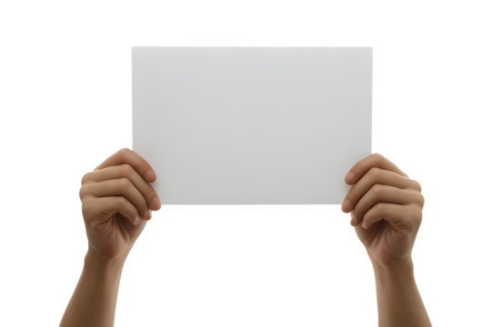 Hands holding a blank white rectangular sign or paper sheet isolated - Powered by Adobe