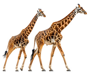 Two giraffes, one adult and one juvenile, walk right, patterned
