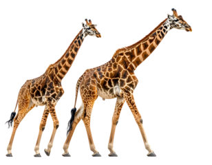Two giraffes, one adult and one juvenile, walk right, patterned