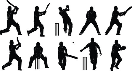 Collection of Black Silhouettes of Cricket Players Batting Bowling and Fielding sport