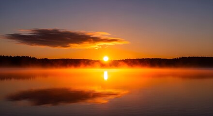 Obraz premium Misty sunrise over calm lake reflecting golden light