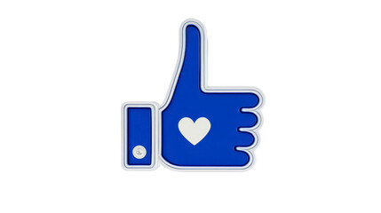 Obraz premium Blue thumbs up hand symbol with white heart in center, representing social media approval, positive feedback, and digital communication, isolated on transparency background