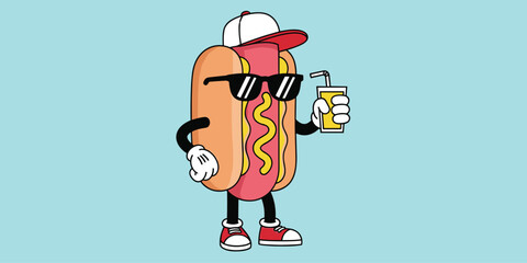 Cool hot dog cartoon character with sunglasses, drink, sneakers, mustard and ketchup, flat vector illustration on blue background © PORI 