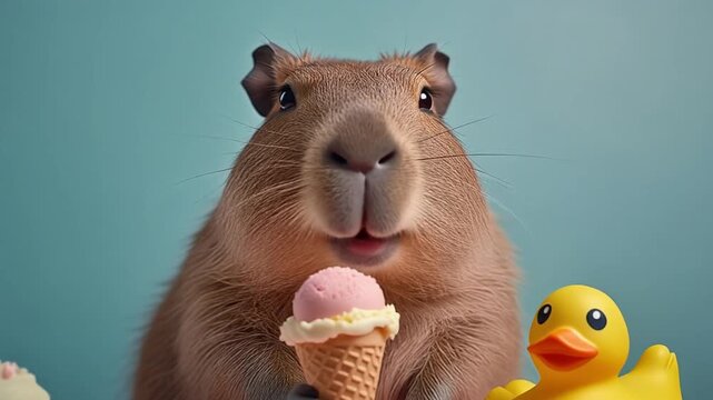 Cute capybara with pink strawberry ice cream on pastel pink background. 