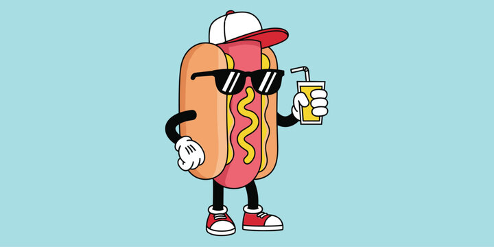 Cool hot dog cartoon character with sunglasses, drink, sneakers, mustard and ketchup, flat vector illustration on blue background
