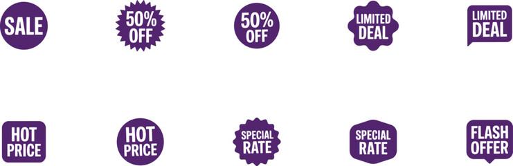 purple discount badge illustrations offering sale tags, promotional labels, and hot deal stickers ideal for marketing graphics, online shops, and sales campaigns.