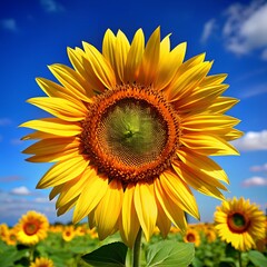 Obraz premium Vibrant yellow sunflower in full bloom against a deep blue sky