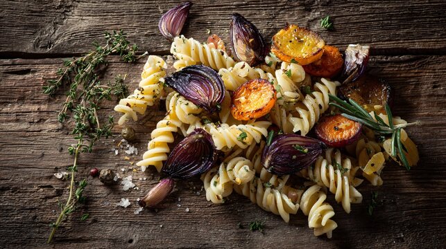 A rustic pasta flat lay with roasted root vegetables, vintage wood background