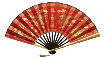 Crimson Elegance: A meticulously crafted traditional fan, adorned with intricate gold dragon motifs against a vibrant red backdrop, reflecting cultural heritage and timeless artistry.