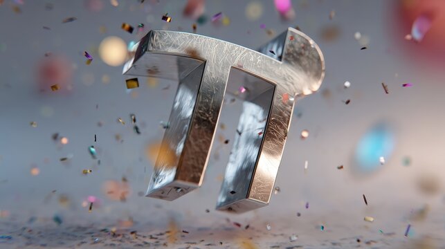 Shiny metallic 3D Pi symbol floating in mid-air with colorful confetti and bokeh. Festive concept for Pi Day celebration, mathematics, science and education. Bckground with copy space.