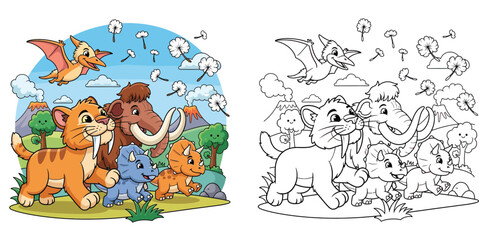 Cute cartoon prehistoric animals walking together vector illustration. Adorable saber-toothed tiger, mammoth, triceratops and pterodactyl friends in nature landscape with volcanoes. © MstSangita
