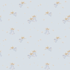 Seamless pattern with cute Christmas angel trumpets with light hair and blue dress. Hand drawn illustration repeat ornament with stars children's design and beige birds among.