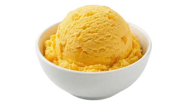 Mango Ice Cream Delight: A single scoop of vibrant mango ice cream sits invitingly in a pristine bowl, a delectable treat to satisfy your cravings. 