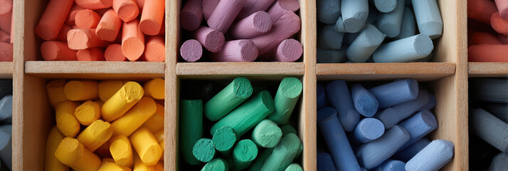 Colorful chalk wooden shelf art supplies school classroom