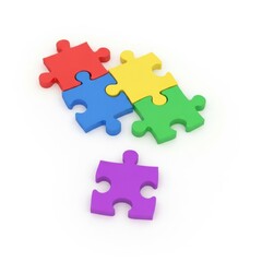 Colorful puzzle pieces scattered on a white background isolated on white background