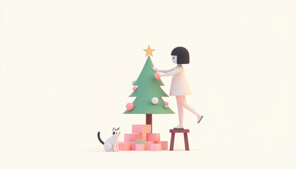 Fototapeta premium Girl decorates a Christmas tree with ornaments and a star while a cat observes nearby during winter festivities