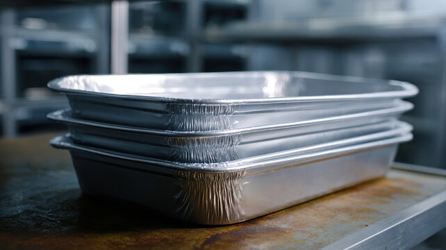 Aluminum baking tray stack kitchen Shiny aluminum baking tray stack metal counter, clean